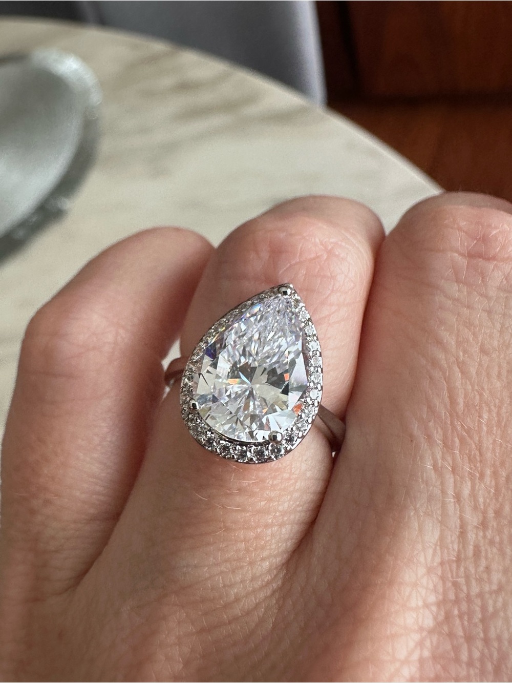 Teardrop Halo Solitaire Ring - Clear Crystal on Silver with Halo
